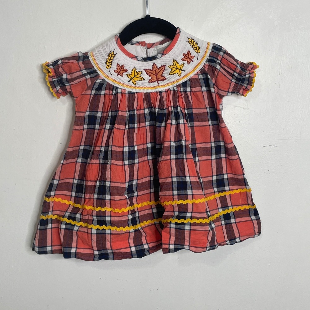 Lil Cactus Girls 3-6 mo Fall Plaid Smocked Dress Leaves Embroidery Orange Navy